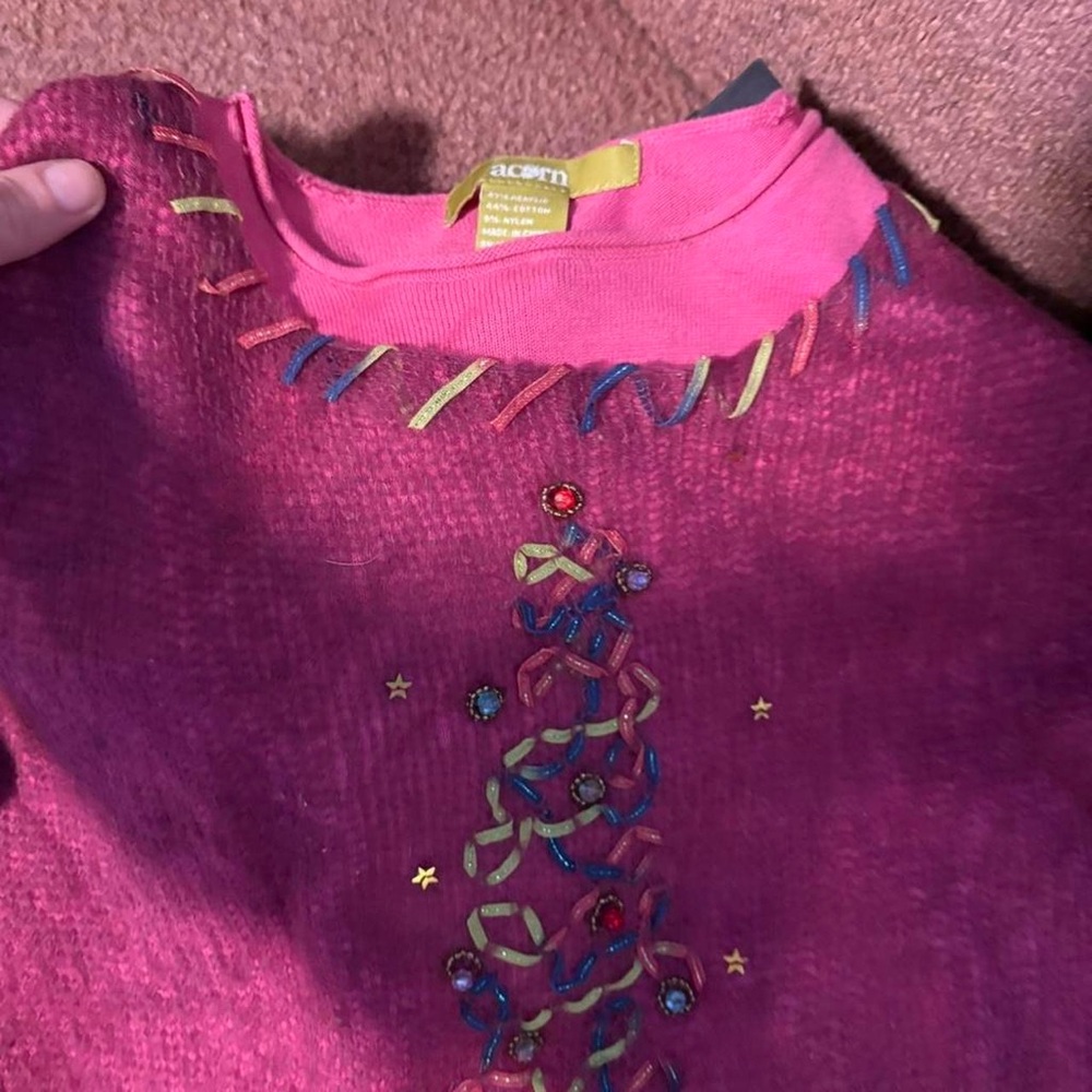 Acorn cute pink Christmas sweater with ribbon tree and‎ beads med - Picture 6 of 7